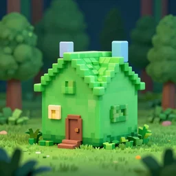3 d pixel art, cute green house in a forest at night, octane render, houdini render, 8 k