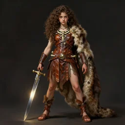 full body portrait of teenage athena holding a dagger, curly brown hair, determined expression, clothing of leather and fur, fringe, bone jewelry, intricate, elegant, leather jewelry, leather sandals, glowing lights, highly detailed, digital painting, artstation, concept art, smooth, sharp focus, illustration, art by wlop, mucha, artgerm, and greg rutkowski
