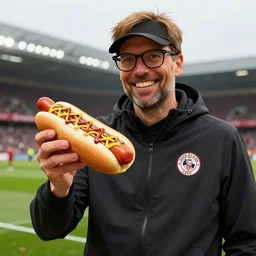 jurgen klopp holding a hotdog, digital art, ultra detailed, trending on artstation