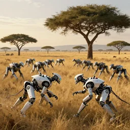 white metal and black plastic robot wildlife, wires and lights, herds fighting, african plains, long grass, futuristic robot organisms, digital matt painting, fantasy art, another world, acacia trees, dramatic lighting, cinematic, anamorphic, golden hour