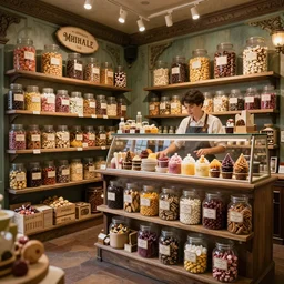 Inside an old fashioned sweet shop, large jars on shelves, beautiful labels, fantasy vendor interior, wide angle, cinematic, highly detailed, photorealistic, rich bright colors, trending on artstation, trending on cgsociety