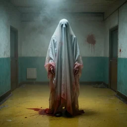 lomo photo of ghost in abandoned hospital, red splatters on the wall, yellow floor, washed colors, dark, moody, creepy, foggy