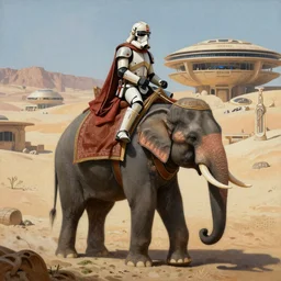 painting of sormtrooper riding an elephant on the background of mos eisley on tatooine, intricate, high detail