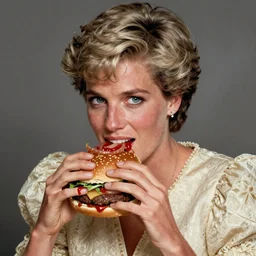 portrait of a Princess Diana eating a hamburger, extra onions and ketchup, luscious patty with sesame seeds, masculine, handsome, D&D, fantasy, intricate, elegant, highly detailed, digital painting, artstation, concept art, matte, sharp focus, illustration, art by Artgerm and Greg Rutkowski and Alphonse Mucha