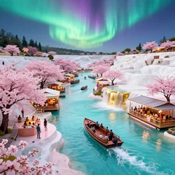 futuristic floating markets of singapore river along boat quay turquoise and pink river during sakura tree season on thermal waters flowing down white travertine terraces during interstellar aurora borealis, gold waterfalls, vendors, festivals, fun, by peter mohrbacher, james jean, james gilleard, greg rutkowski, vincent di fate, rule of thirds, octane render, beautiful landscape