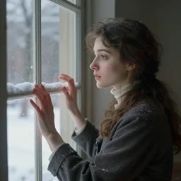 a woman banging on a window from the outside in the winter, by manet