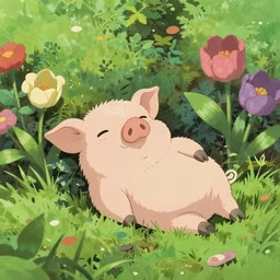 piglet resting on a beautiful garden by makoto shinkai, miniature pig, studio ghibli, hayao miyazaki