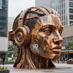 massive futuristic techno graffiti sculpture made of mahogany, by zaha hadid, in a city square, depth of field, XF IQ4, 150MP, 50mm, F1.4, ISO 200, 1/160s, natural light