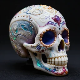 insanely detailed sugar skull, intricate details, fine art, resin, tetrachromacy, halfrear lighting, sugar skull with bioluminescence, supremely detailed