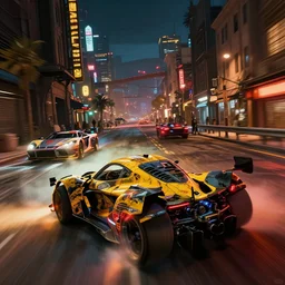 mad max fury road 2 8 mm film still, racing on a post apocalyptic city street at night, gta 5, fallout 4, rocket league, hyper detailed, forza, smooth, high contrast, volumetric lighting, octane, george miller, jim lee, vibrant rich deep color, comic book, fast and furious, ridley scott