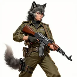 a female peshmerga fighter transforming into a werewolf, holding a AK-47, comic book cover