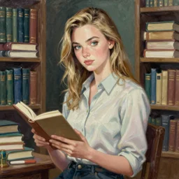 anime karlie kloss librarian, intricate oil painting by greg rutkowski, trending on artstation