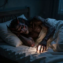 a sleep paralysis demon next to a bed at night and one single light is on that one single light is on the monster hand
