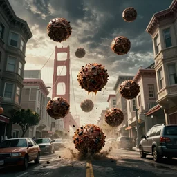 a epic blockbuster disaster movie poster of meatballs bouncing trough the streets of san francisco, cinematic shot