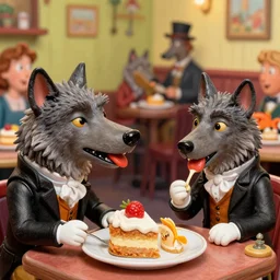 closeup profile face portrait of tin toy wolves dressed as victorian gentlemen eating cakes in a pub, nicoletta ceccoli, mark ryden, lostfish, max fleischer, hyper realistic, artstation, illustration, digital paint, matte paint, vivid colors, bright, cheerful, detailed and intricate environment