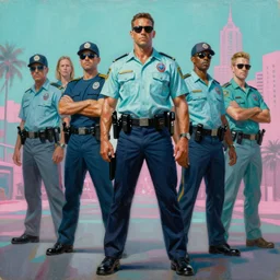 an oil painting of crockett and tubbs, miami vice, ultra realistic, highly detailed, brushstrokes, masterpiece, cinematic by frank frazetta, greg rutkowski, beeple, yoko taro, christian macnevin, beeple, wlop, krenz cushart, epic fantasy character art, volumetric lighting, cgsociety, full length, teal and pink