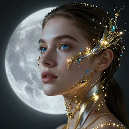 portrait of a beautiful woman layered with futuristic high-tech jewelry wrapping around her face and head, golden-silver glow of moonlight with tiny blue, gold, and red gems scattered like dust, blue eyes wondering