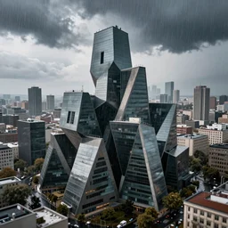 realistic photograph of a paradoxical escheresque cityscape in the rain, motion blur