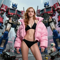 beautiful fantasy emma watson portrait, blackpink, wearing oversized puffy pink bomber jacket and black bikini, ultra realistic, wide angle, seductive pose, cyberpunk artifacts, highly detailed by peter mohrbacher, hajime sorayama, wayne barlowe, boris vallejo, aaron horkey, gaston bussiere, craig mullins gobou gobou mudkip transformers rise of the beasts earth defense force tank beautiful
