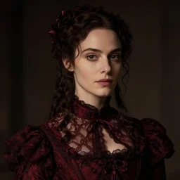 a beautiful woman in dark red lace victorian style clothing, beautiful face, cinematic lighting, low key contrast, detailed, hyperrealistic, character concept art by tolkien and greg rutkowski