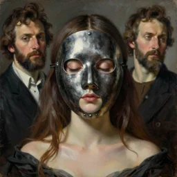 The beautiful woman with closed eyes in steel full-face occult mask by Ilya Repin, William Blake, Michelangelo da Caravaggio and Beksinski, grisaille, highly detailed oil painting, 4k, masterpiece