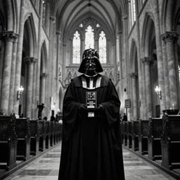 darth vader dressed as a priest in a gothic cathedral, award - winning documentary photograph, cinestill 8 0 0 t 3 5 mm b & w, heavy grain, high quality, noir, natural textures, photorealistic, ambient occlusion, hd, ultra wide lens, anamorphic