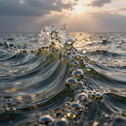 Art Nouveau cresting oil slick waves, hyperdetailed bubbles in a shiny iridescent oil slick wave