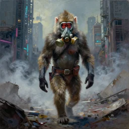 baboon walking through a abandoned cyberpunk city, gas mask, smoke, cinematic, apocalyptic style. palette knife oil painting on canvas by leonid afremov.
