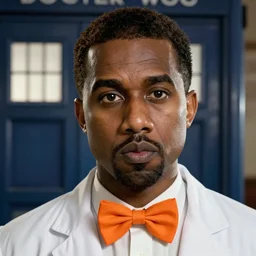 movie still kanye west as the doctor! with orange bowtie! in doctor who, doctor who, tardis!! tardis!, detailed face, cinematic lighting, ray tracing, octane render, long lens, shallow depth of field, bokeh, anamorphic lens flare, 8 k, hyper detailed, 3 5 mm film grain