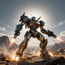 an armored core v on the ground, booster flares, legs, laser rifles, karst landscape ; cinematic contrast, dynamic backlighting, sharp edge, motion blur, art by greg rutkowski