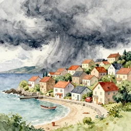 a watercolor illustration of a cozy seaside village with a menacing storm cloud on the ocean horizon, octane render, highly detailed, masterpiece, by anthony micallef