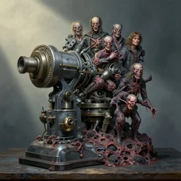 airbrushed awful liquefactive necrosis machine by jack kirby, wayne d barlowe, francesco blanc, alex ross, basil gogos, philippe druillet, fine art masterpiece baked at 3 0 0 f, matte painting, cold lighting, aged with sunlight, award winning horror wraparound, photorealistic render, cinematic