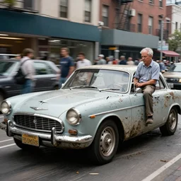 street photography by saul leiter and fred herzog, in a muddy new york high quality street, award winning photo of an ultra detailed high quality vintage car speeding very fast, fast shutter speed, motion blur, tiny gaussian blur, highly detailed, highly intricate, depth of field, trending on top gear
