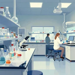 interior view of a laboratory, beakers and tubes and various lab equipment, digital art by Abigail Larson and Al Williamson and Anne Stokes