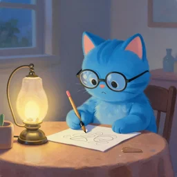 a cute blue cat in glasses sits at the table in the evening and draws a brush, an old lamp with a lampshade on the table glows with bright light, 4 k oil on linen by wlop, artgerm, andrei riabovitchev, nuri iyem, james gurney, james jean, greg rutkowski, highly detailed, soft lighting 8 k resolution