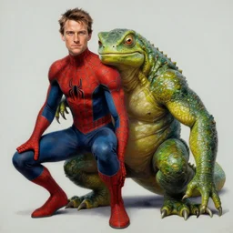 tobey maguire's spider - man vs anthropomorphic lizard, reptile, creepy poster, alex ross art, air brush, oil paint, radiant light, caustics, heroic, bright iridescent light, cinematic shot, high quality, very epic, ultra detailed, 8 k.