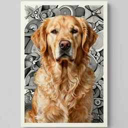 an award winning anamorphosis portrait painting of a golden retriever dog, inspired by lise deharme, albrecht durer, abstract, a level art, intricate, pop surrealism, digital poster, ornately detailed, photorealism, trending in artstation
