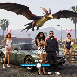 A GTA 5 game loading screen featuring A Pterodactyl, La Llorona, a redhead Waifu, CHAPPIE in an Adidas track suit, a TVR Sagaris, and Playboy Bunnies from 1960