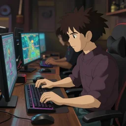a wholesome animation key shot of!! one!! focused!! gamer nosferatu!! typing on keyboard while playing game, medium shot, studio ghibli, ( pixar ) and disney animation, sharp, very detailed, high resolution, rendered in unreal engine 5, anime key art by greg rutkowski, bloom, dramatic lighting