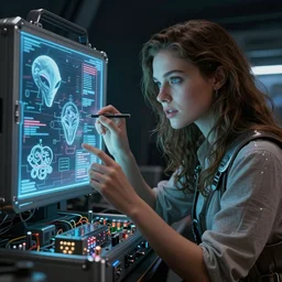 beauty young space woman analysing in a hologram with alien artifacts, electrical case display, 80s Aliens tech, ultrarealistic, dramatic lighting, electrical details, high details, 4k, 8k, best, accurate, trending on artstation, artstation, photorealism, ultrarealistic, digital painting, style of Peter Mohrbacher and Boris Vallejo and Wayne barlowe