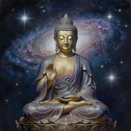 Buddha meditating on the sufferings of the Universe, reaching enlightenment through the eyes of Nirvana. Stars. Galaxies. Space. Outer space. Realistic painting. 4k. Highly detailed.