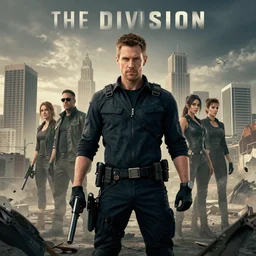 the division poster set in an apocalyptic los angeles, agent standing with a gun in the foreground, cinematic, 4 k