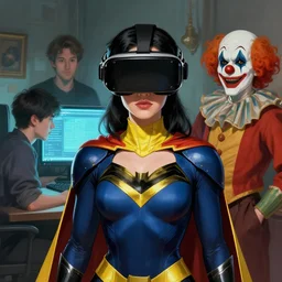 front view portrait women as nightwing, human computer, vr headset, digital art from artstation by ruan jia and mandy jurgens and artgerm and william - adolphe bouguereau as clown