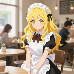 A girl in a maid's outfit in a cafe a afternoon, wavy hair yellow theme,S line,45 angel by krenz cushart and range murata and greg rutkowski