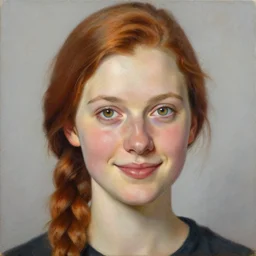 a beautiful painting of a smiling young mother with auburn side braid and pretty hazel eyes representative of the art style of artgerm and wlop and peter mohrbacher, portrait