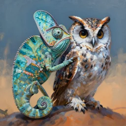 painting of hybrid between chameleon & owl, intercrossed animal, by zdzislaw beksinski, by lewis jones, by mattias adolfsson, cold hue's, warm tone gradient background, concept art, beautiful composition, digital painting