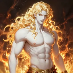 the latest blond male beefcake by Sakimichan, porcelain white skin, voluptuous male, long curly light blond hair, extremely pale white skin and long fluffy blond curly hair, wreathed in scintillating radiance flames of war, hyper detailed background, 4K, artstation
