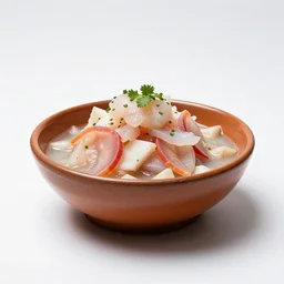 vintage ceviche, studio product photography, isolated on a pure white background, centered, entire object in frame, sharp focus, soft studio lighting