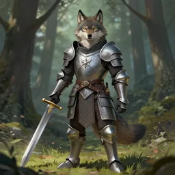 furry anthro detailed digital painting of an anthropomorphic wolf holding a large sword medieval guard wearing a set of armor standing in the forest in background