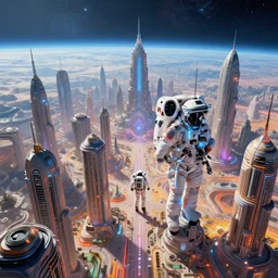 “ human astronaut arrives at an unknown vast alien city unknown planet bright tones high edifications intricate surreal sharp focus art detail lights cinematic hdr wide angle panorama vivid vibrant colors ”